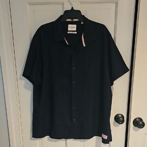 Scotch And Soda Linen blend Guayabera Style Camp Shirt In Navy Blue
